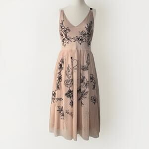 Express Womens Tulle Tattoo Midi Dress 8 Pink Nude Embroidered Floral Rockabilly